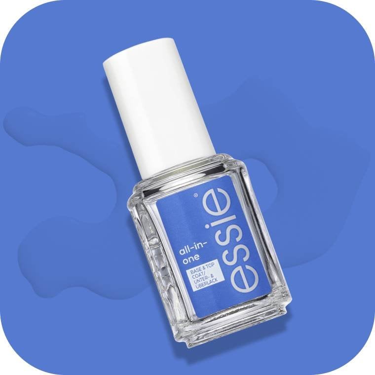 Essie All-In-One base coat and top coat against a dark blue background