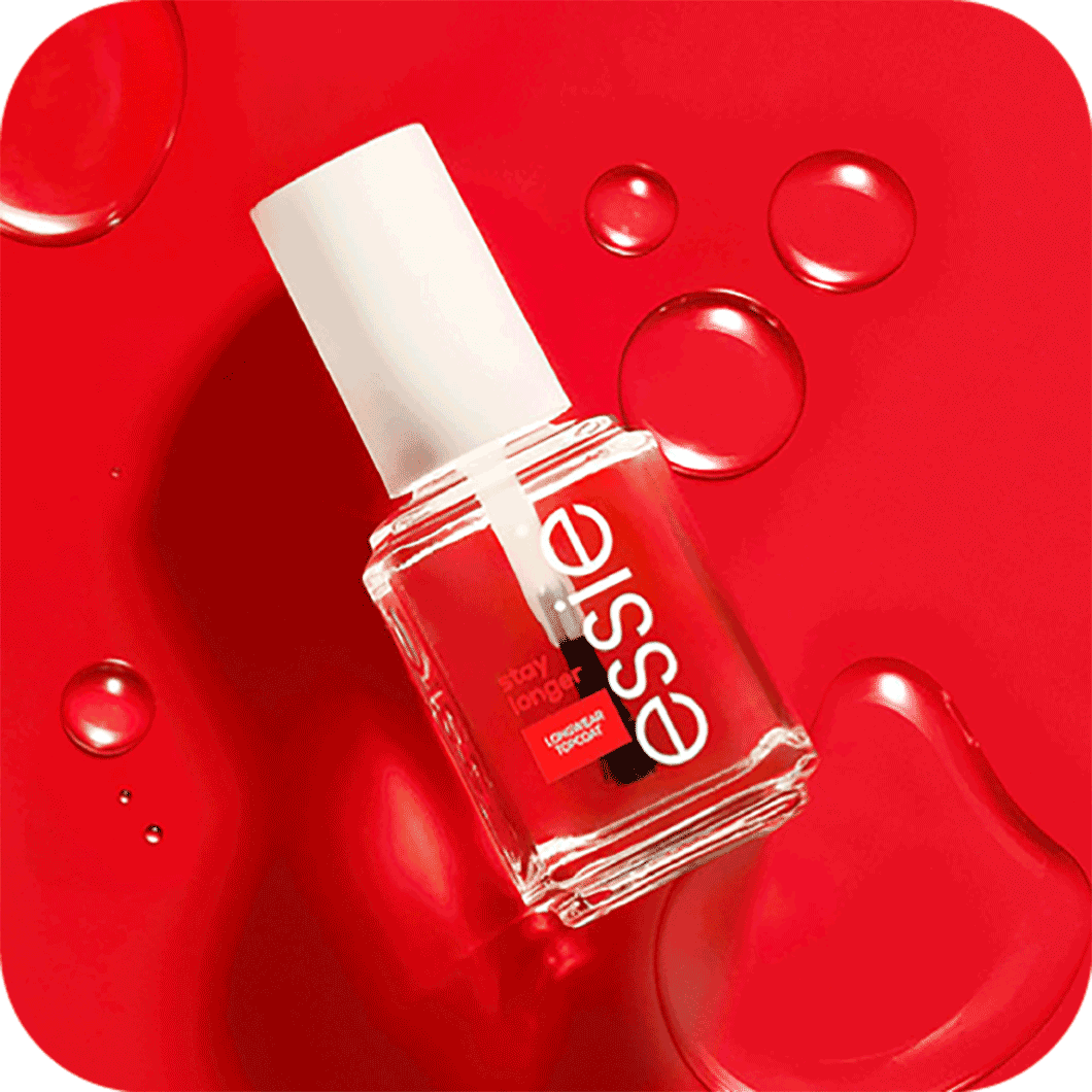 Couche de finition longue tenue brillante stay longer d’essie sur fond rouge