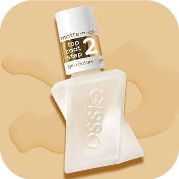 Essie Gel Couture Matte top coat against a peach-colored background