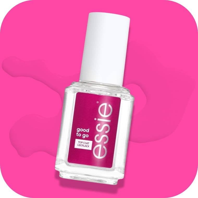Essie Good to Go quick-dry top coat against a hot pink background