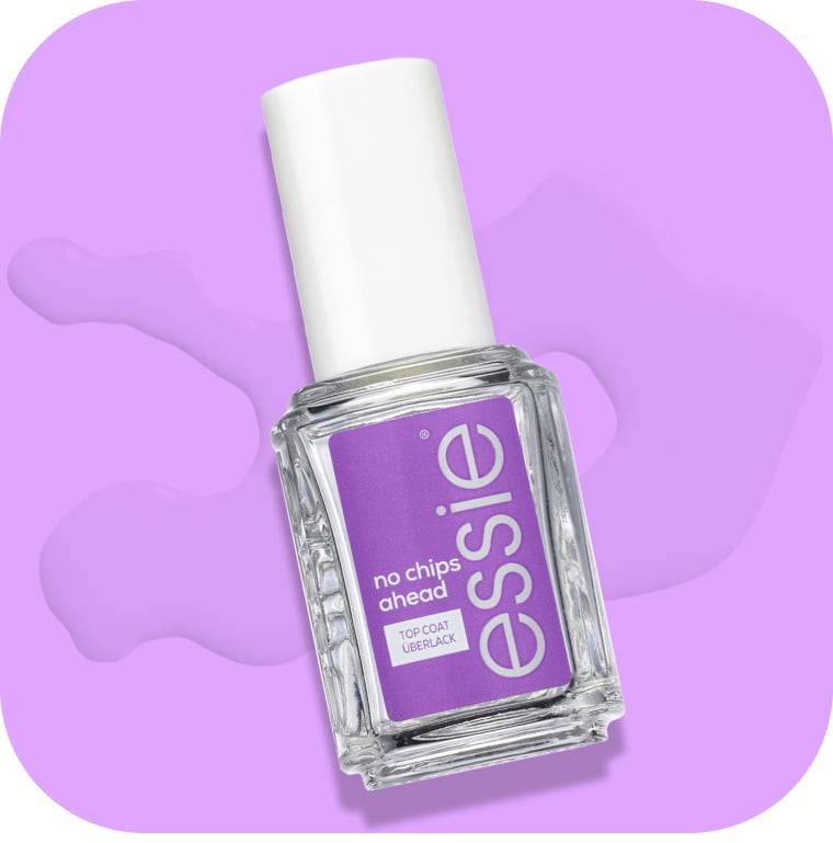 Essie No Chips Ahead anti-chip top coat against a purple background