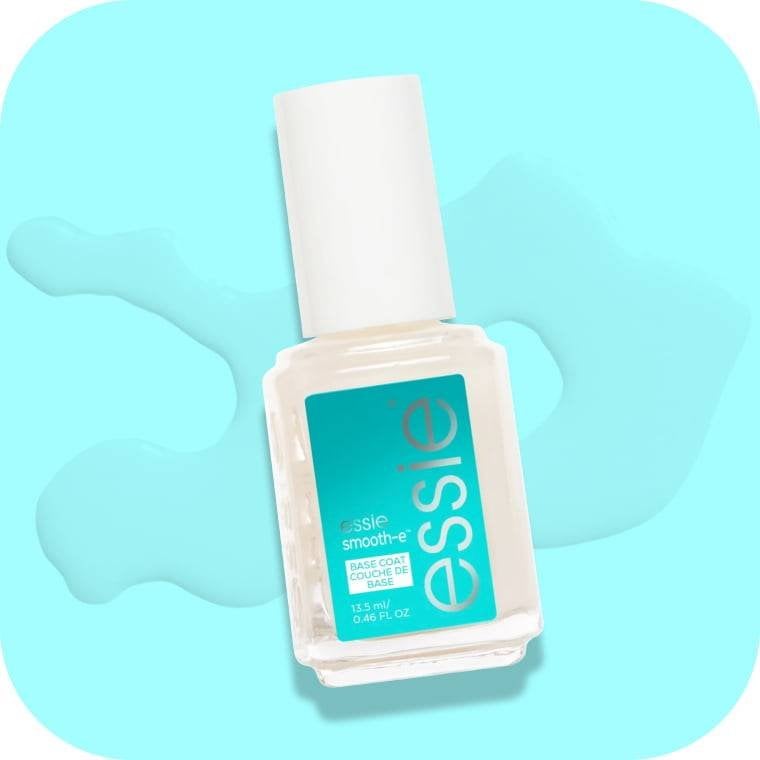 Essie Smooth-e smoothing primer against a light turquoise background