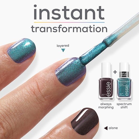 text reading "instant transformation" and brown nails being painted with spectrum shift polish