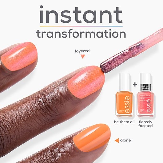 text reading "instant transformation" and orange nails being painted with fiercely faceted polish