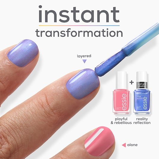 text reading "instant transformation" and pink nails being painted with reality reflection polish