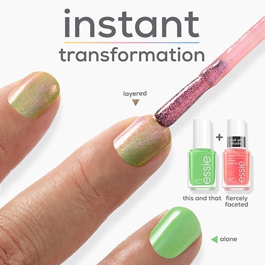 text reading "instant transformation" and green nails being painted with fiercely faceted polish