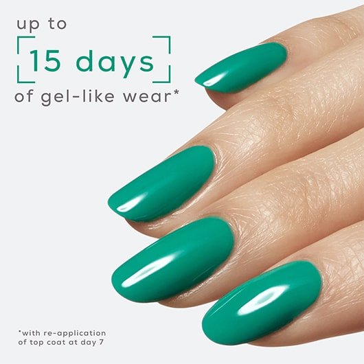 manicured hand wearing essie's dopamine rush with text that reads "up to 15 days of gel-like wear"