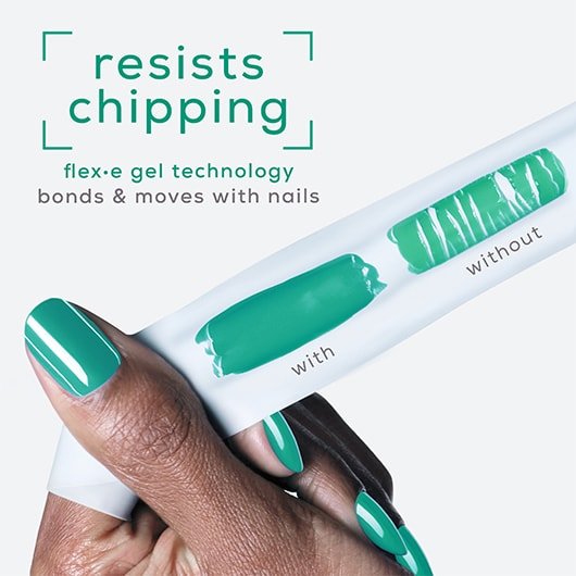 manicured hand stretching out two swatches of dopamine rush with text that reads "resists chipping: flex-e gel technology bonds & moves