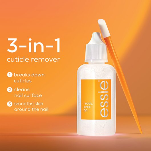 bottle of essie's 3-in-1 cuticle remover with orange background and benefits listed