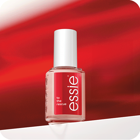 a bottle of essie uv repair nail treatment in front of a red gradient background on a white surface.