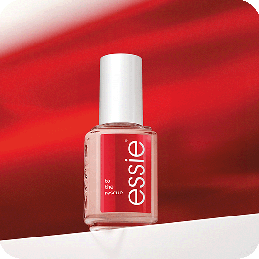 a bottle of essie uv repair nail treatment in front of a red gradient background on a white surface.