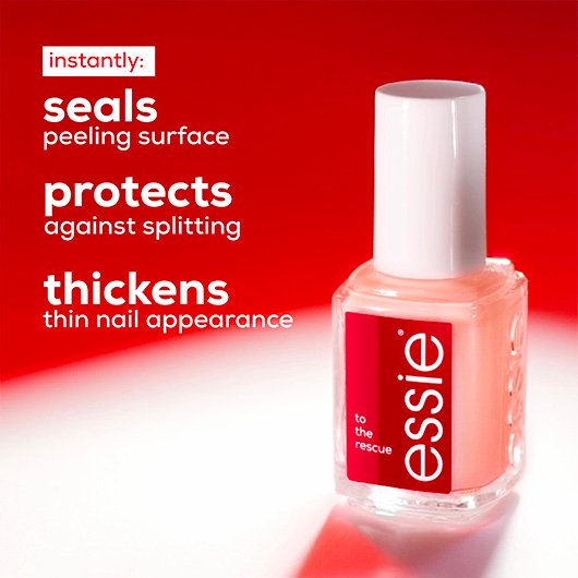 a bottle of essie weak nails treatment on a red background with white text describing its benefits. 