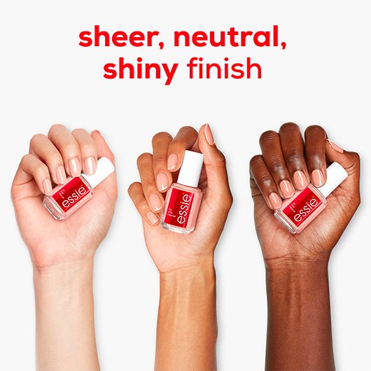 3 hands of varied skin tones holding nail care treatments with red text about the product's finish.