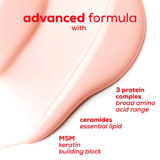 a swatch of sheer color nail care treatment with red text describing the advanced formula.
